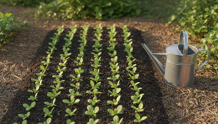Overhead view of a small garden bed with neat rows of young plants