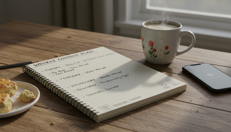 Close-up view of a handwritten content plan on a kitchen table with a phone nearby