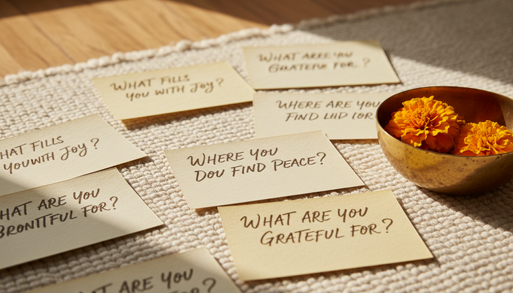 Close-up view of handwritten question cards arranged on a cotton rug near a small bowl of marigold flowers