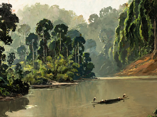 Henri Mège, The Thanh Hoa River, signed oil on panel depicting a sampan on a tropical river in Vietnam, 37 x 79 cm.