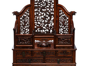 Exceptional Chinese huanghuali dressing mirror stand carved with dragons, phoenixes and auspicious motifs, late Qing dynasty.