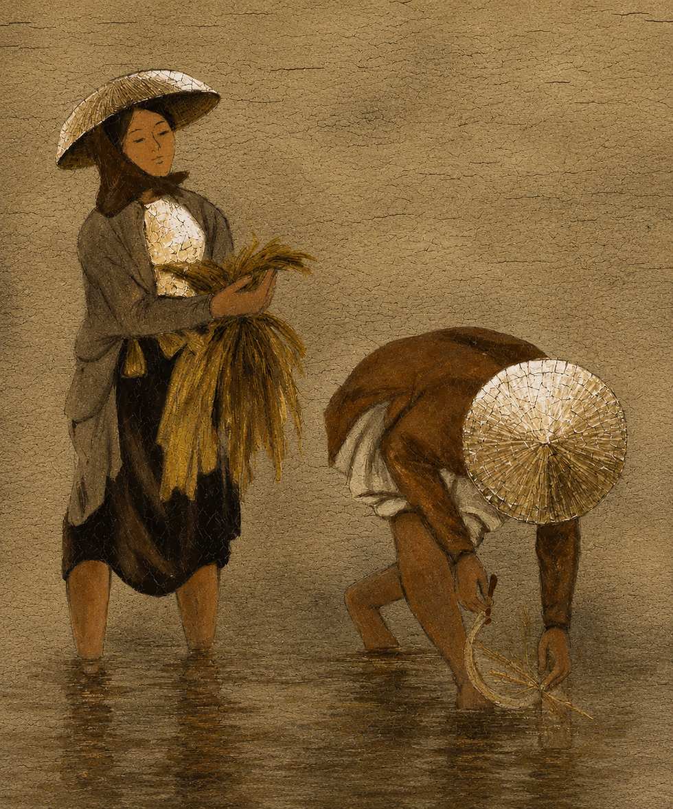Detail of the two peasant figures working in the flooded rice field. With remarkable economy of means, Tran Phuc Duyen captures the quiet beauty of rural Vietnam, a recurring theme throughout his finest works of the 1950s.