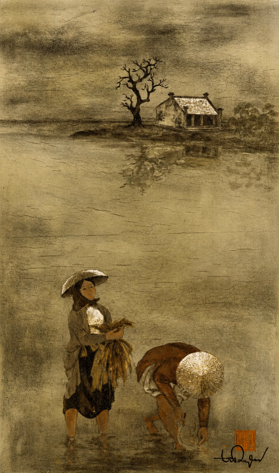 In the Rice Field, a refined Vietnamese lacquer panel by Tran Phuc Duyen depicting two peasants harvesting rice. Executed during the artist's highly sought-after Vietnamese period, the work exemplifies his poetic vision of rural life and mastery of lacquer techniques.
