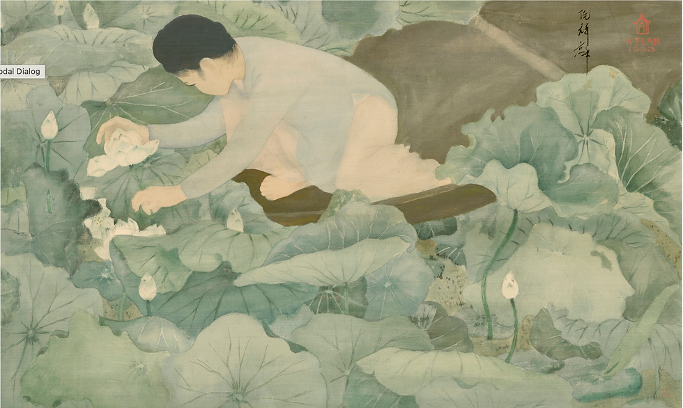 Nguyen Tuong Lan, Dans les lotus, 1933, encre et gouache sur soie. Jeune femme vietnamienne au milieu d'un champ de lotus, œuvre majeure de l'École des Beaux-Arts de l'Indochine vendue chez Christie's Hong Kong. Analyse Gauchet Art Asiatique.