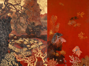 Pham Hau (1903-1995), deux importantes laques vietnamiennes de la période coloniale représentant « Les poissons rouges avec l'abondance » et « La Pagode Thầy », expertisées par Gauchet Art Asiatique.