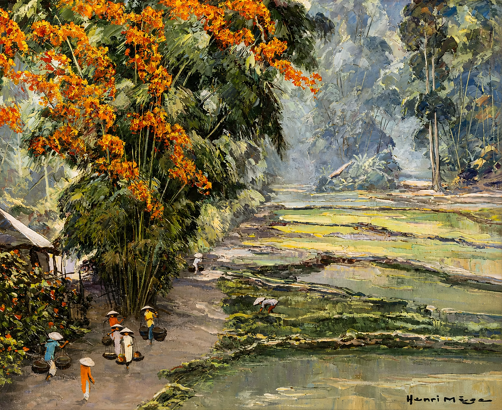 Henri Mège, Spring Morning near Hué, signed oil on canvas depicting rice fields, Vietnamese villagers and tropical vegetation near Hué, 50 x 61 cm.