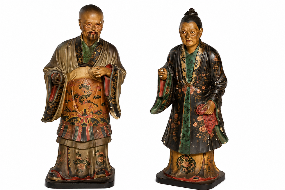 Monumental pair of Chinese polychrome stucco nodding-head figures, Canton, circa 1800.