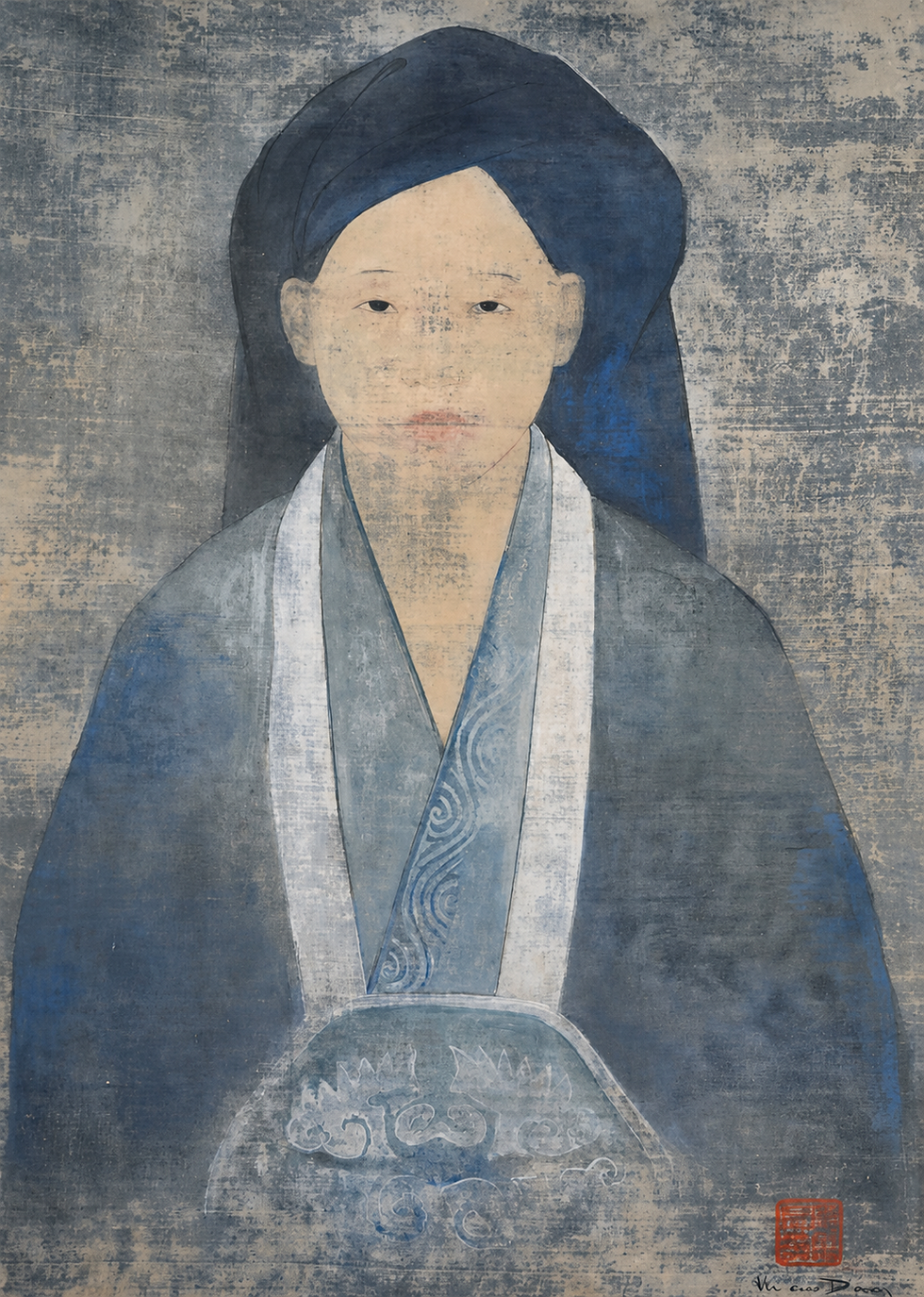 Vũ Cao Đàm, La femme en bleu, vers 1933, encre et gouache sur soie, portrait d'une jeune femme Tày, œuvre expertisée par Gauchet Art Asiatique pour Millon.