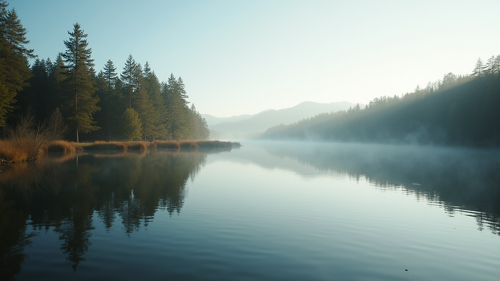 Eye-level view of a serene landscape with a calm lake and surrounding trees