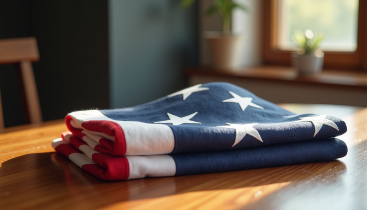 Close-up of a folded American flag resting on a wooden table