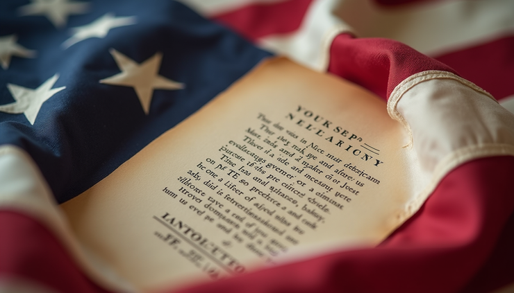 Eye-level view of a vintage American flag with the original Pledge of Allegiance text