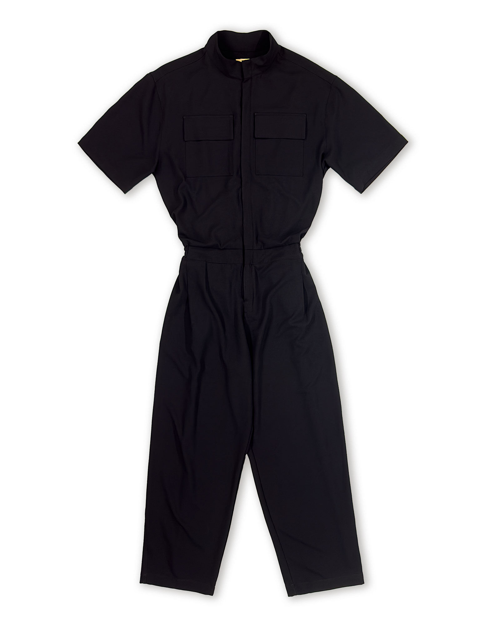 SHORT SLEEVED OVERALL IN BLACK CREPE