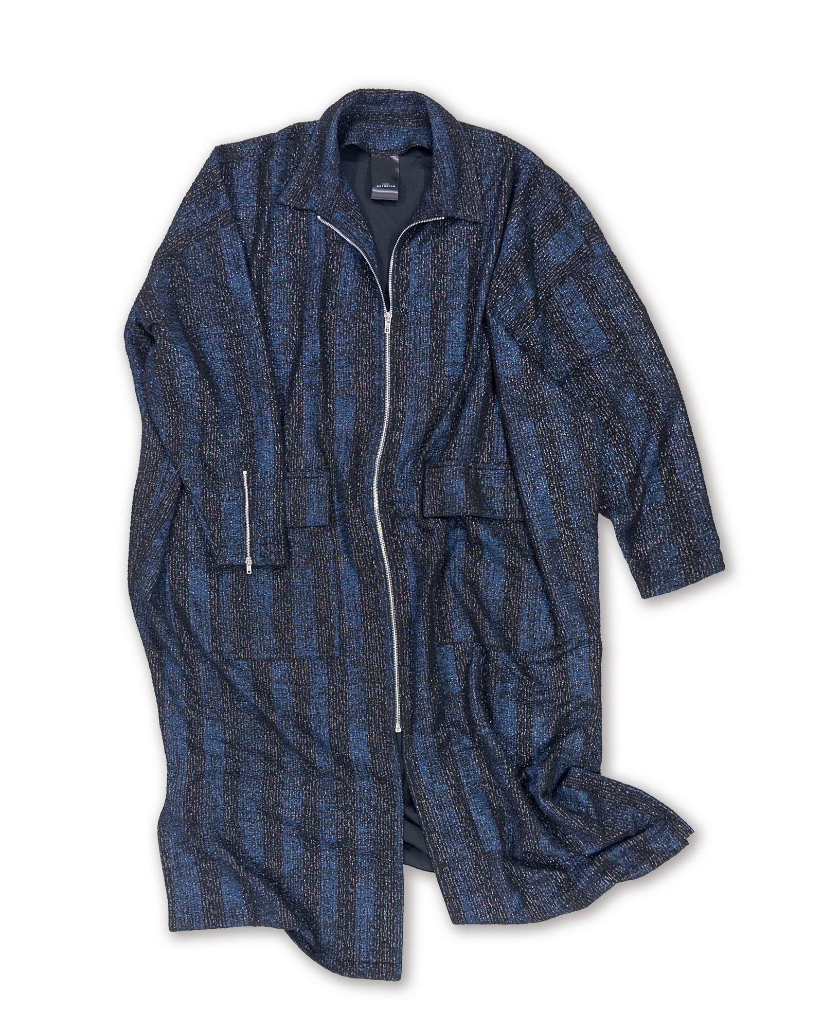 LONG ZIPPED COAT IN BLACK-BLUE STRIPE