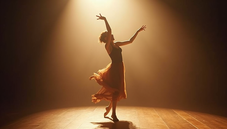 Eye-level view of a brightly lit stage with a single dancer mid-movement, surrounded by soft glowing lights