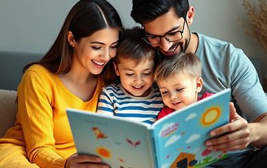 Mother, father, 5 year old, 3 year old family reading a paperback children's book together