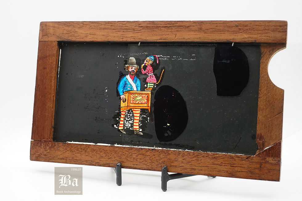 Thumbnail: ca. 1850's Antique Hand-Painted Glass Magic Lantern Slide - Organ Grinder