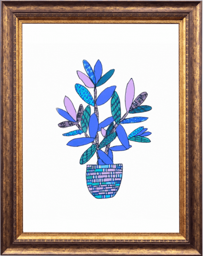 Blue floral embroidery artwork displayed on wooden frame
