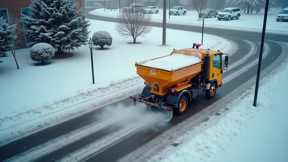 High angle view of salt spreader applying de-icing material on a commercial driveway
