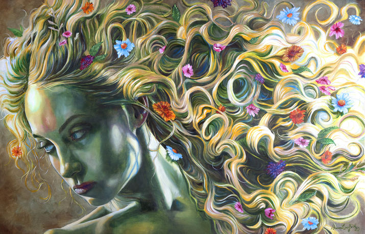 Portrait of a green-skinned woman with flowers in flowing hair