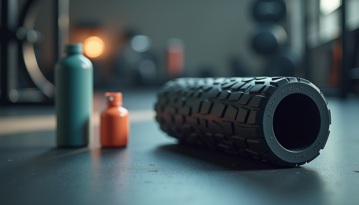 Eye-level view of a foam roller and water bottle on a gym floor