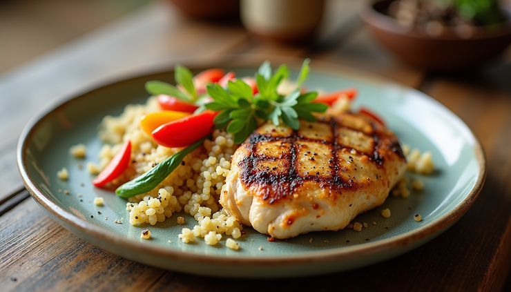 Eye-level view of a colorful plate with grilled chicken breast, quinoa, and steamed vegetables