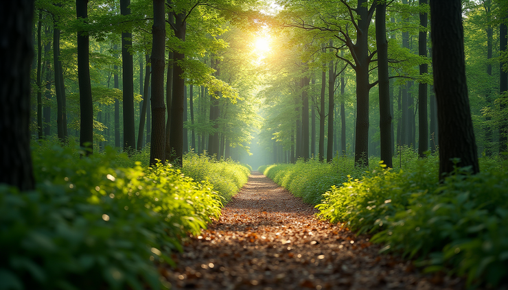 Eye-level view of a winding forest trail surrounded by lush green trees