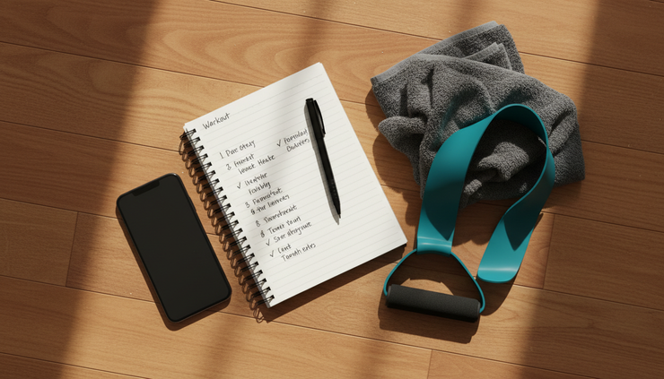 Overhead view of a phone, notebook, and resistance band after a completed workout
