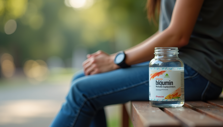 Eye-level view of a person sitting on a bench with a water bottle and vitamin supplements nearby