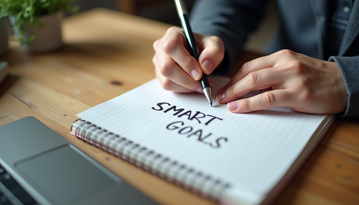 Eye-level view of a person writing goals in a notebook on a wooden desk