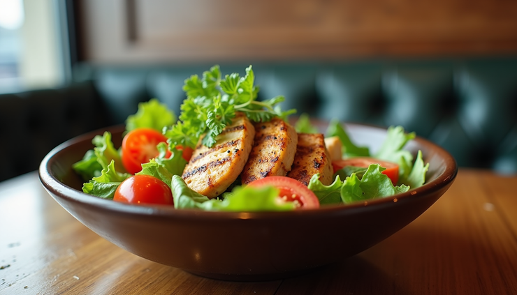 Eye-level view of a colorful bowl of fresh salad with grilled chicken and vegetables at a Nashville restaurant
