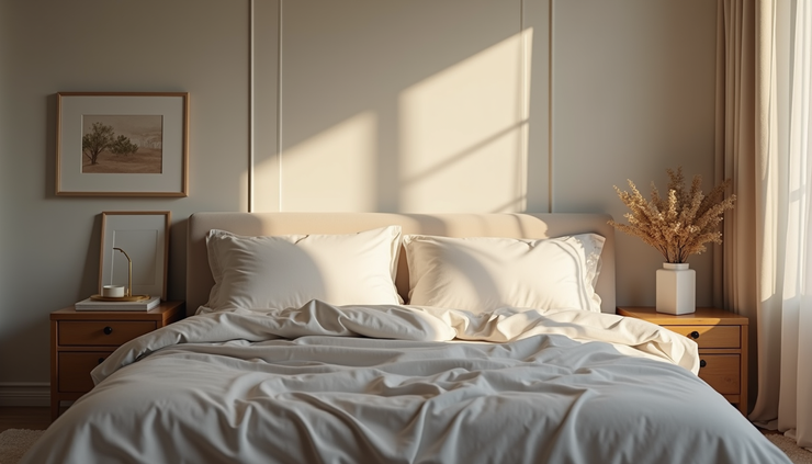 Eye-level view of a cozy bedroom with soft lighting and a neatly made bed