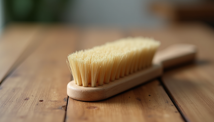 Eye-level view of natural bristle dry brush resting on wooden surface