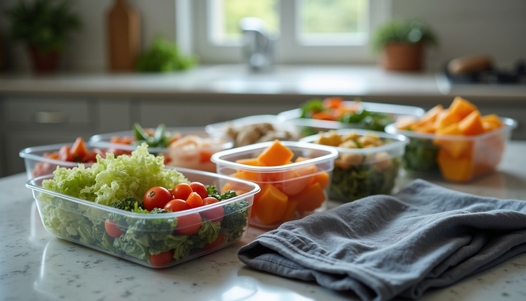 Eye-level view of a kitchen counter with prepped colorful meal containers and workout gear neatly arranged