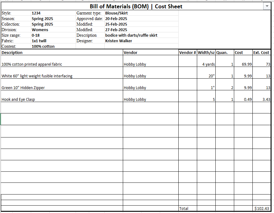 cost sheet