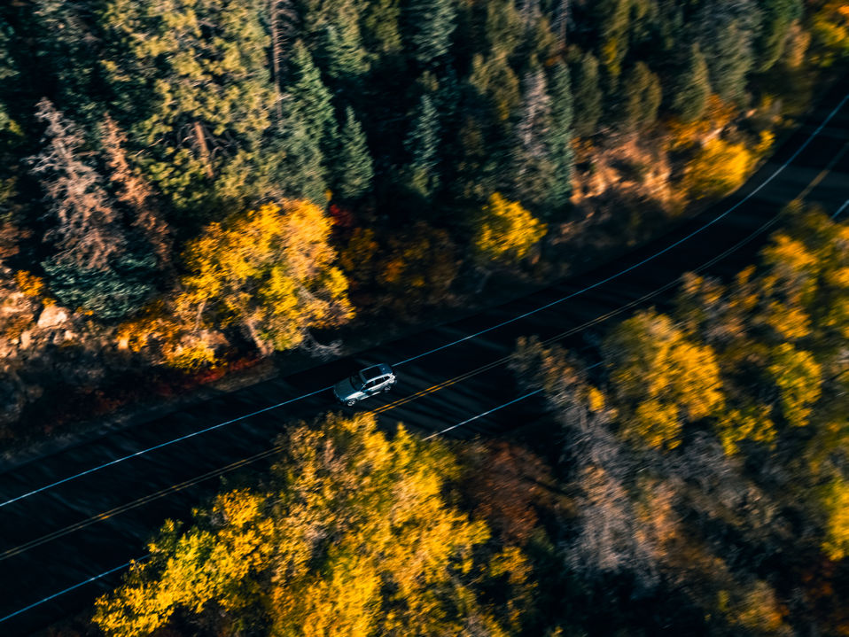 an aerial view of a car driving down a road surrounded by trees