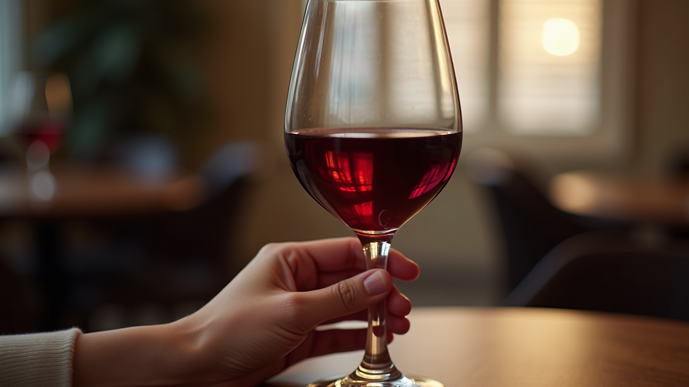 Close-up view of a hand holding a wine glass with red wine