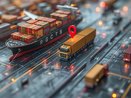 A detailed 3D illustration of a logistics network featuring a cargo ship loaded with containers, trucks on a digital roadway and a location pin highlighting real-time shipment tracking.