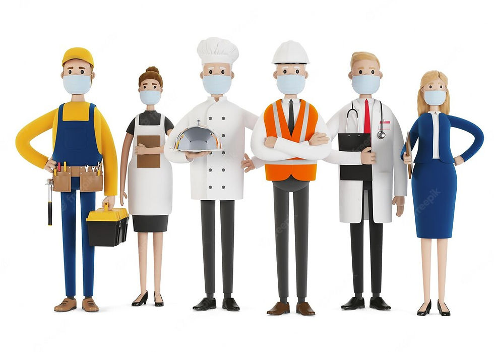 people-different-professions-medical-masks-builder-female-waiter-cook-engineer-doctor-teac