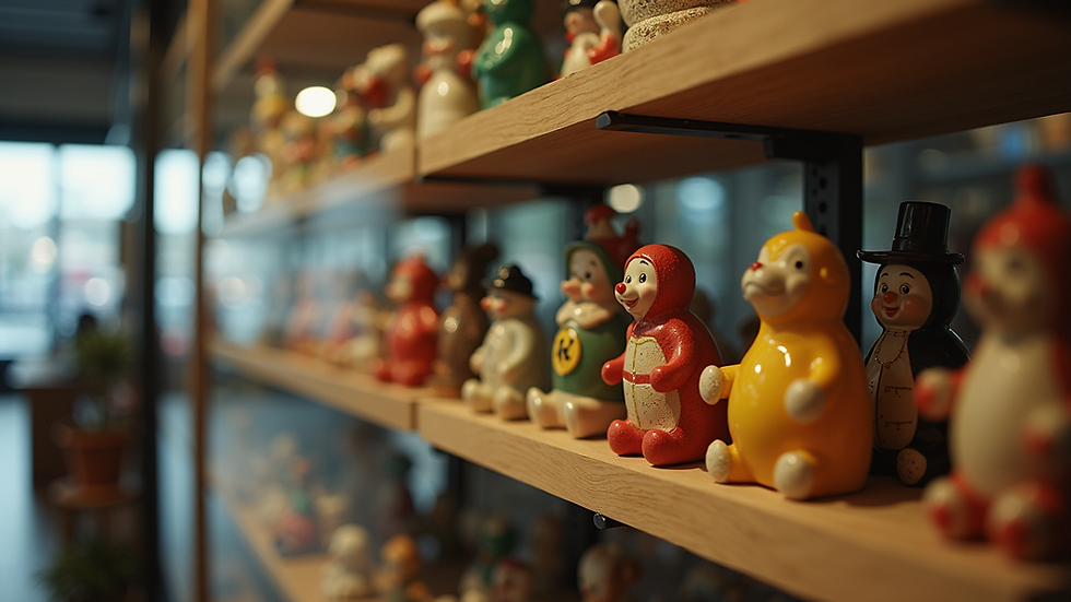 Eye-level view of a display case filled with vintage toys and collectibles