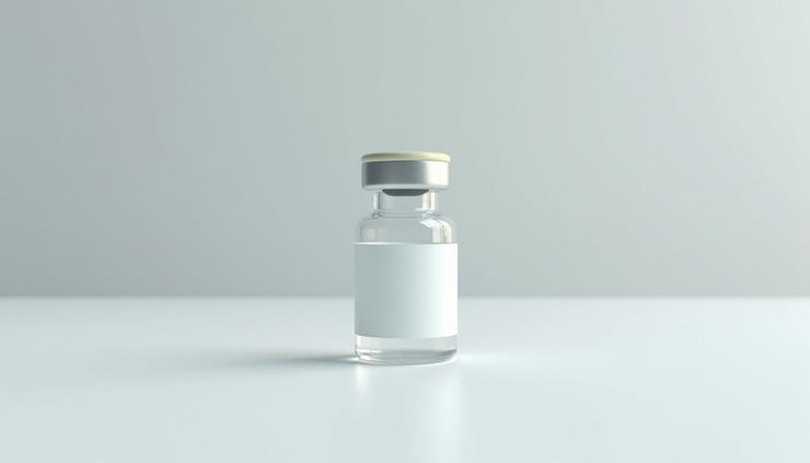 Eye-level view of a single vial of semaglutide medication on a white surface