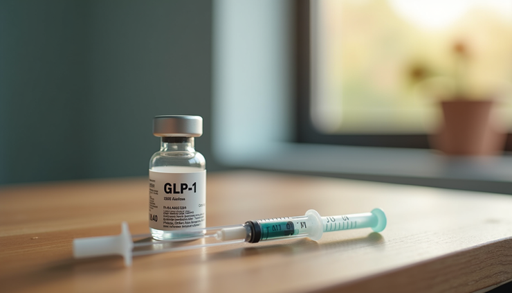 Close-up view of a medication bottle labeled GLP-1 with a syringe on a wooden table