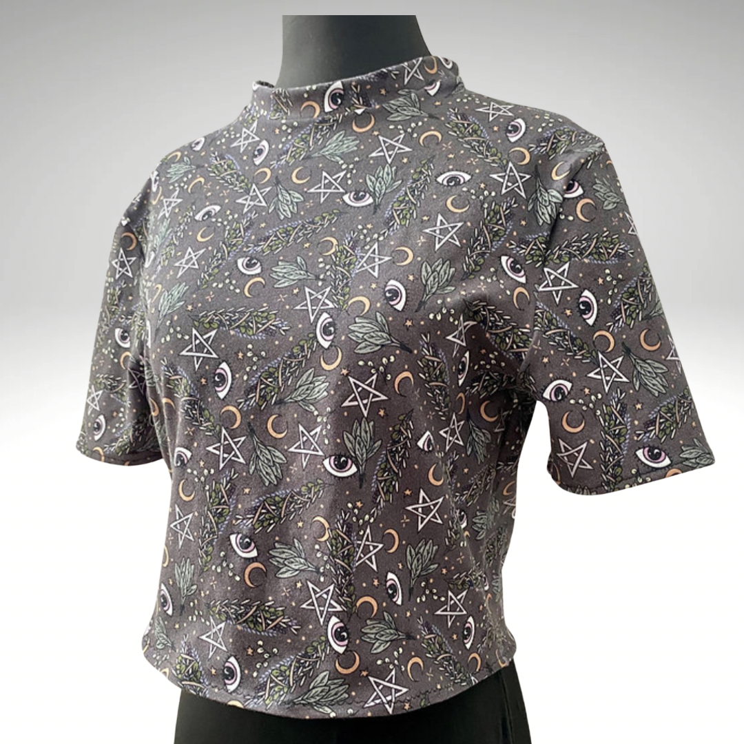 Grey Witchy Print Crop T-Shirt