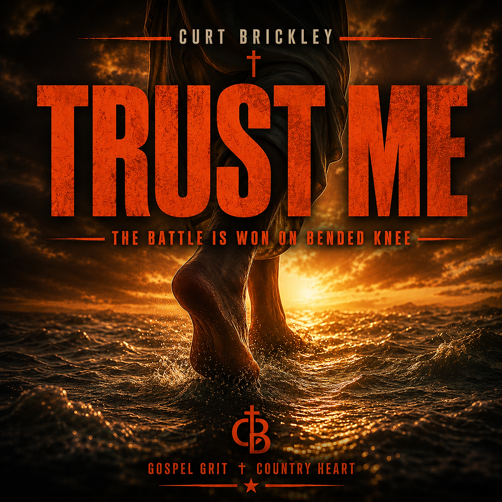 Album cover for Curt Brickley’s Trust Me, showing a barefoot figure walking through water at sunset with fiery orange text and clouds