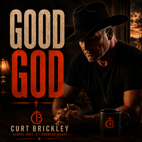 Moody album cover of Curt Brickley in black beside the words GOOD GOD, with Curt Brickley and a mug on a dark table.