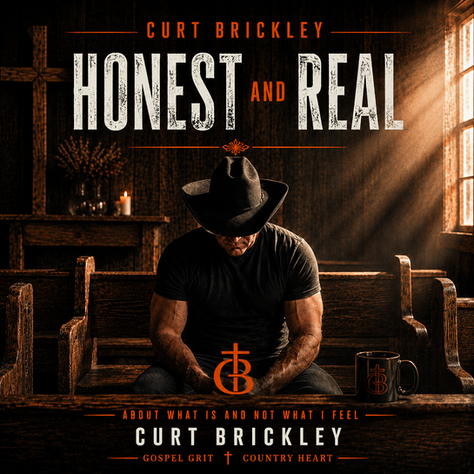 Album cover of Curt Brickley’s Honest and Real: a cowboy in a black hat sits in a dim church, warm light streaming in.