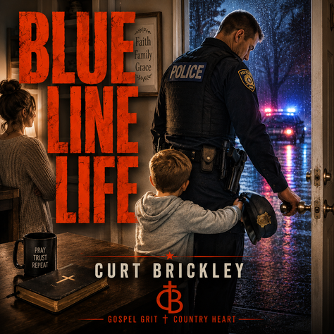 Book cover poster of a police officer at a rainy doorway with a child; bold text reads BLUE LINE LIFE and CURT BRICKLEY.