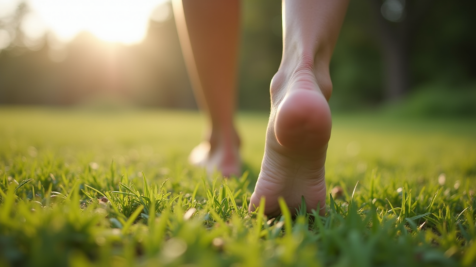 Close-up view of a person’s feet walking barefoot on grass