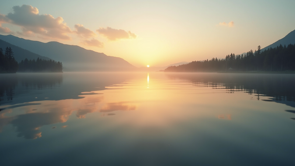 Eye-level view of a calm lake reflecting the sky at sunrise