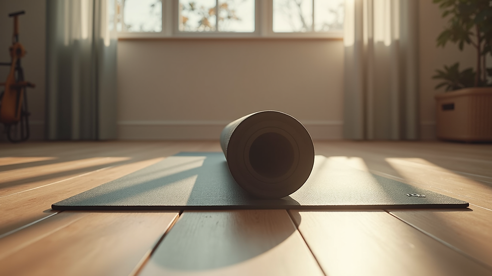 Close-up view of a yoga mat and foam roller on wooden floor