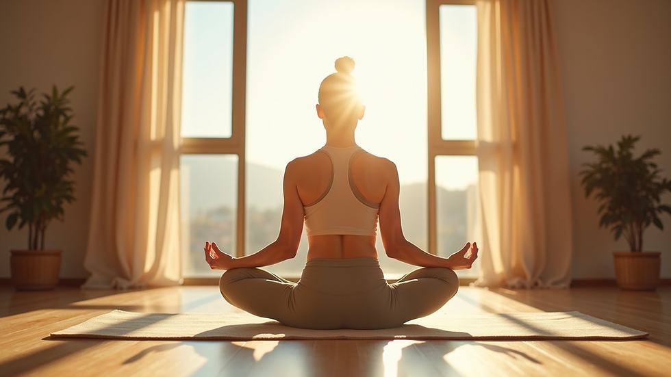 Eye-level view of a person practicing gentle yoga in a sunlit room